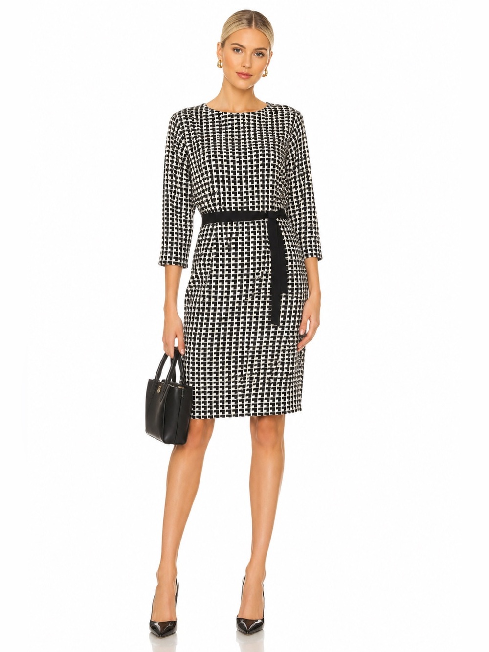 Weekend Max Mara Geometric Print Belted Sheath Dress Black White 10